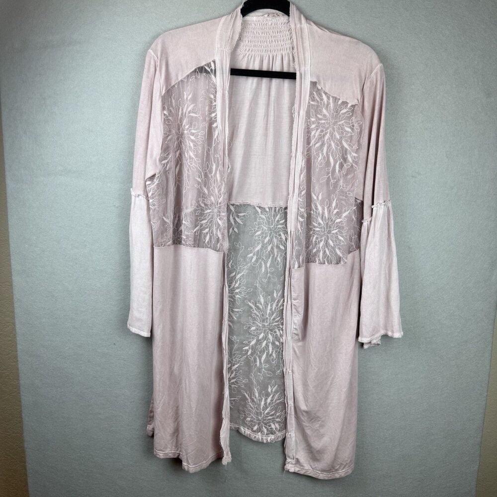 Pol Women's Lace Sheer Sz S Open Cardigan Duster Boho Peasant Pink Oversized
